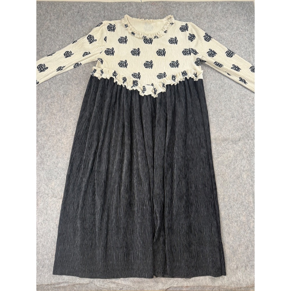 Imakokoni Maxi Dress Womens OS Black White Plisse Crinkle Ruffle Floral Art Boho